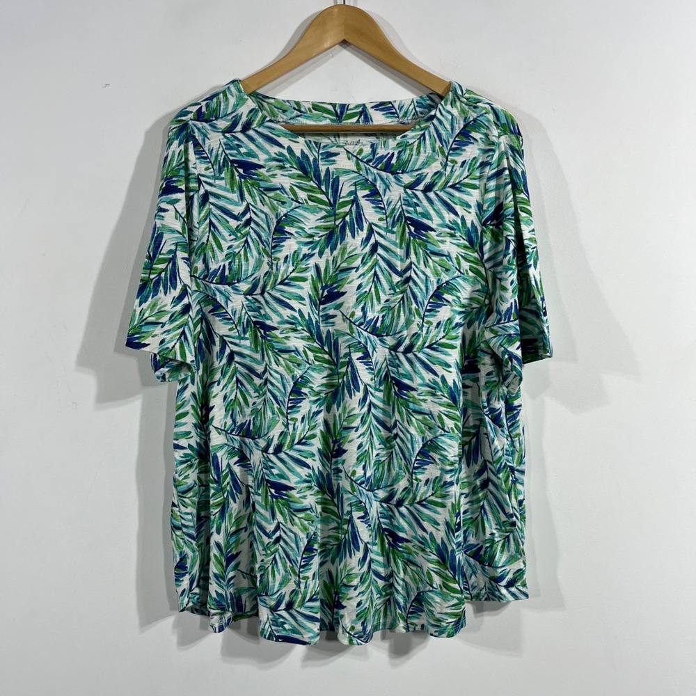 J. Jill Pima Slub Elbow Sleeve Tee XL Green Blue Palm Leaf Tropical Print Boho